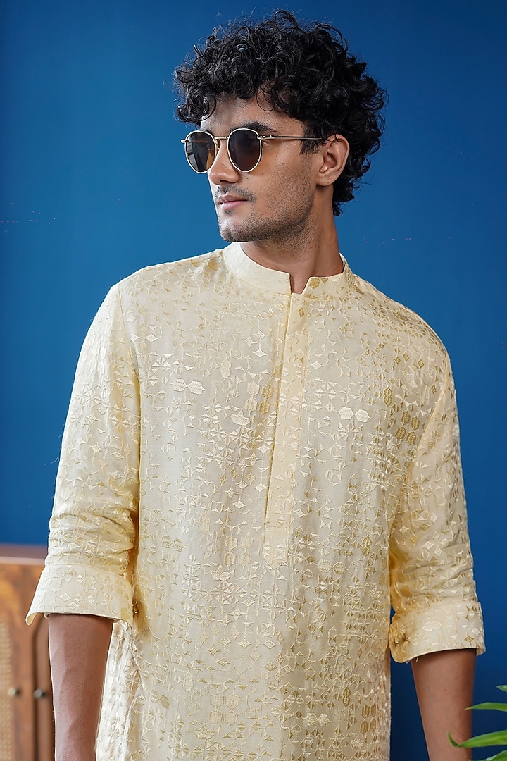 Yellow Silk Embroidered Kurta by Philocaly at Pernia's Pop Up Shop
