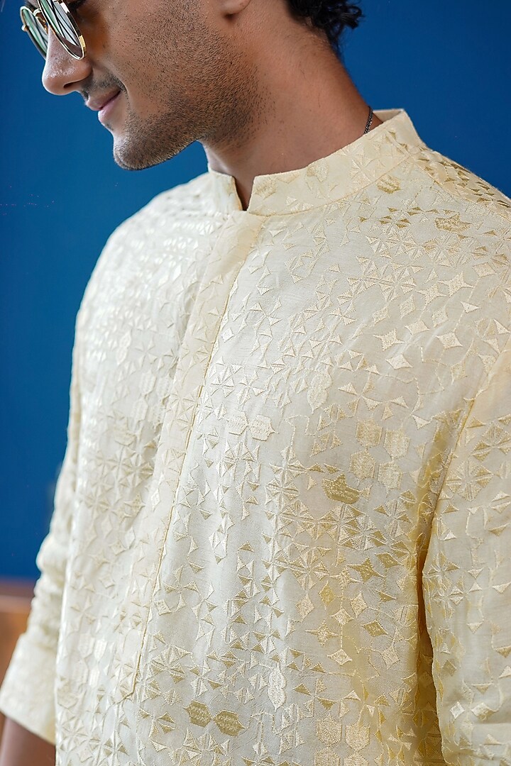 Yellow Silk Embroidered Kurta by Philocaly at Pernia's Pop Up Shop