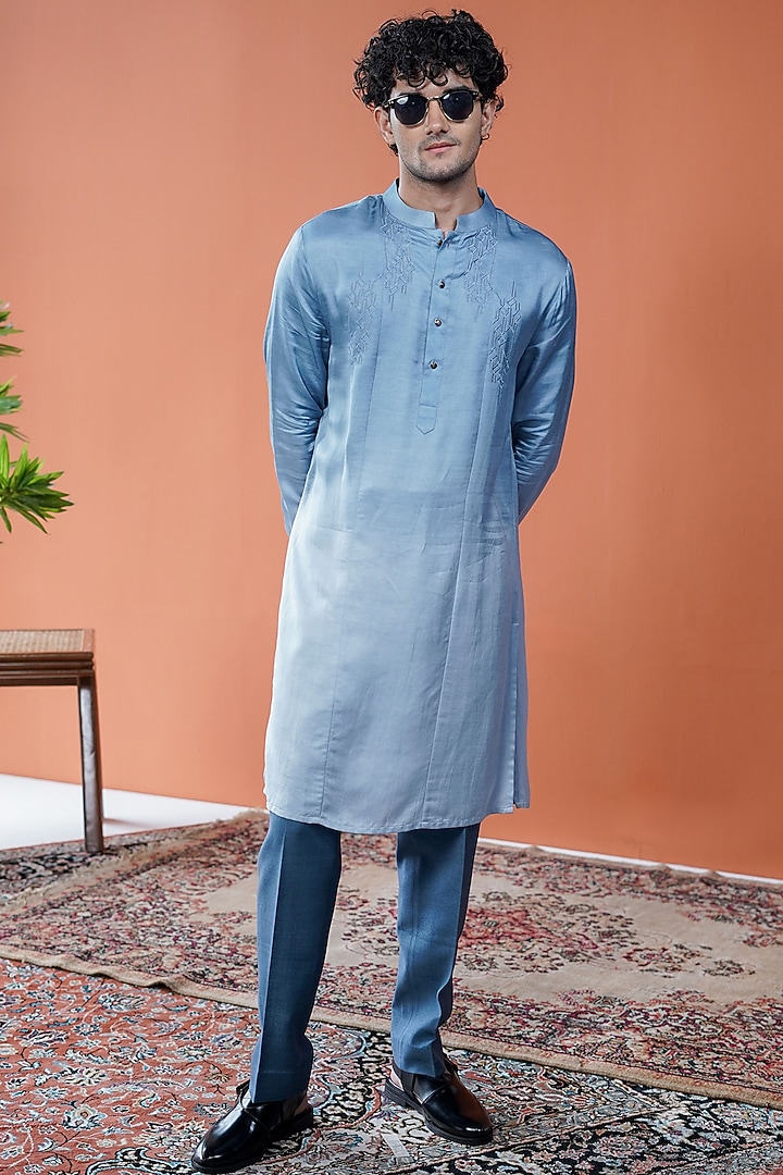Blue Ombre Linen Satin Embroidered Kurta by Philocaly at Pernia's Pop Up Shop