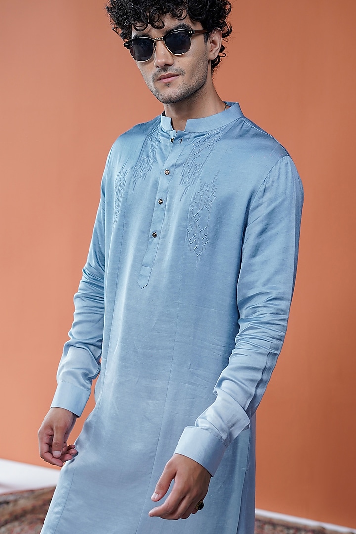 Blue Ombre Linen Satin Embroidered Kurta by Philocaly at Pernia's Pop Up Shop