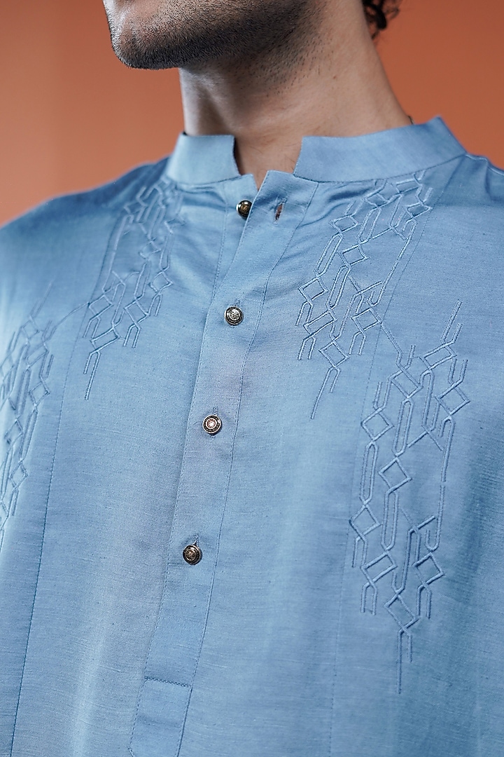 Blue Ombre Linen Satin Embroidered Kurta by Philocaly at Pernia's Pop Up Shop