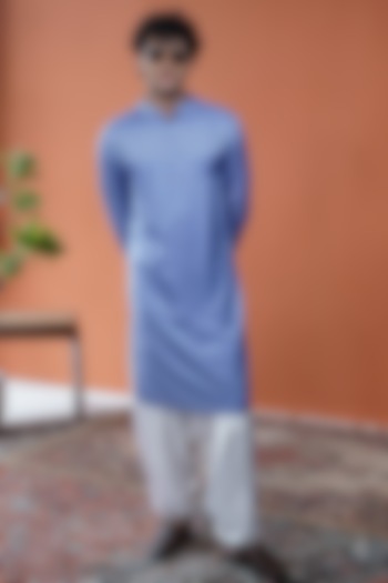 Blue Linen Satin Embroidered Kurta by Philocaly