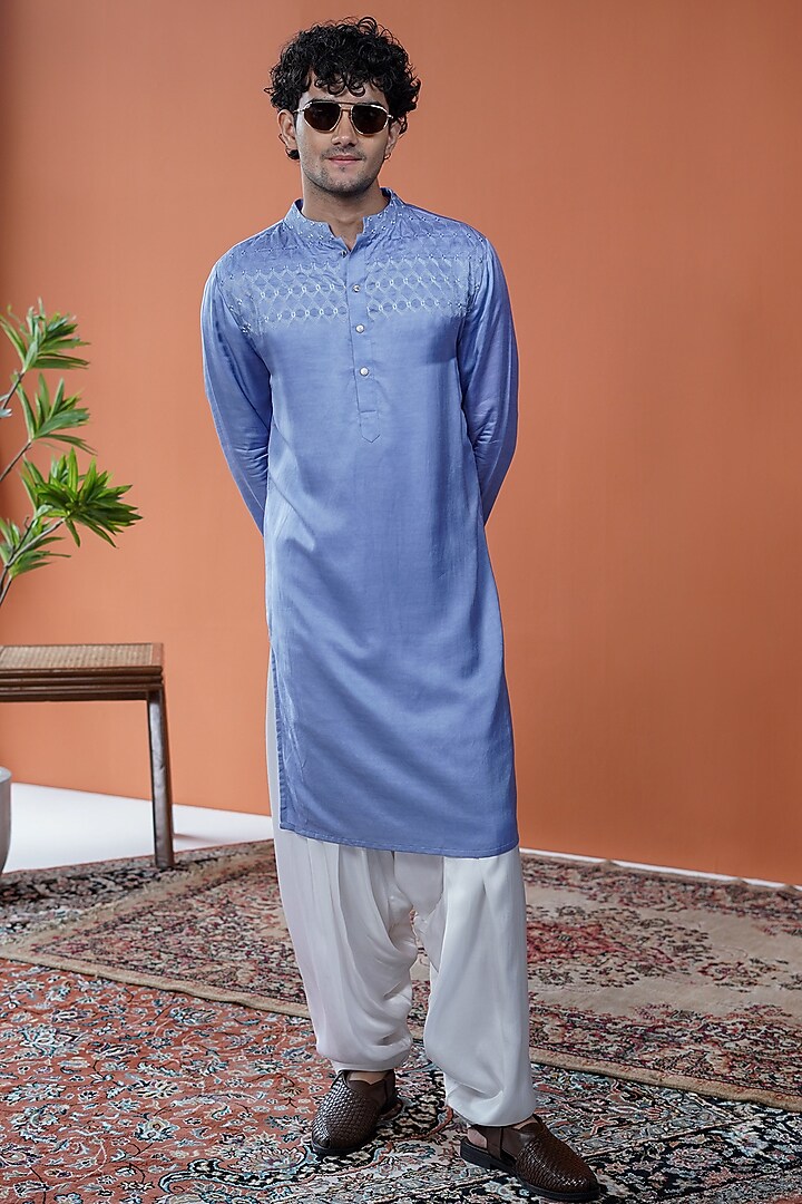 Blue Linen Satin Embroidered Kurta by Philocaly