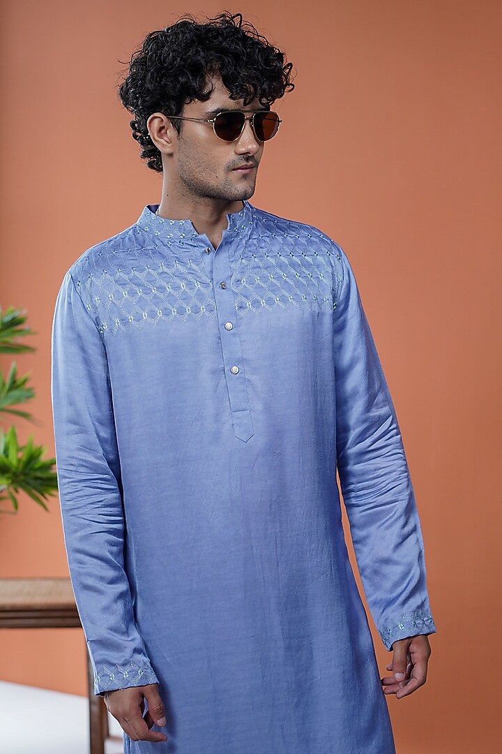 Blue Linen Satin Embroidered Kurta by Philocaly at Pernia's Pop Up Shop