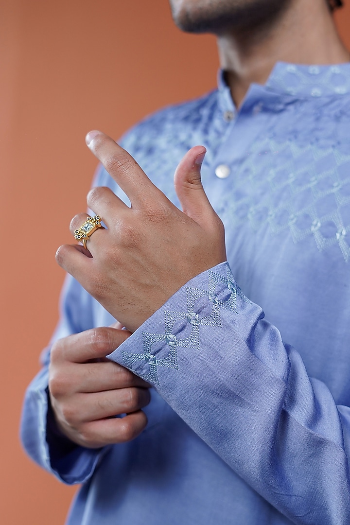 Blue Linen Satin Embroidered Kurta by Philocaly at Pernia's Pop Up Shop