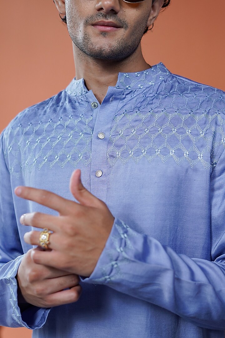 Blue Linen Satin Embroidered Kurta by Philocaly at Pernia's Pop Up Shop
