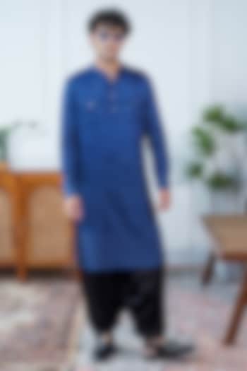 Blue Silk Embroidered Pathani Kurta by Philocaly at Pernia's Pop Up Shop