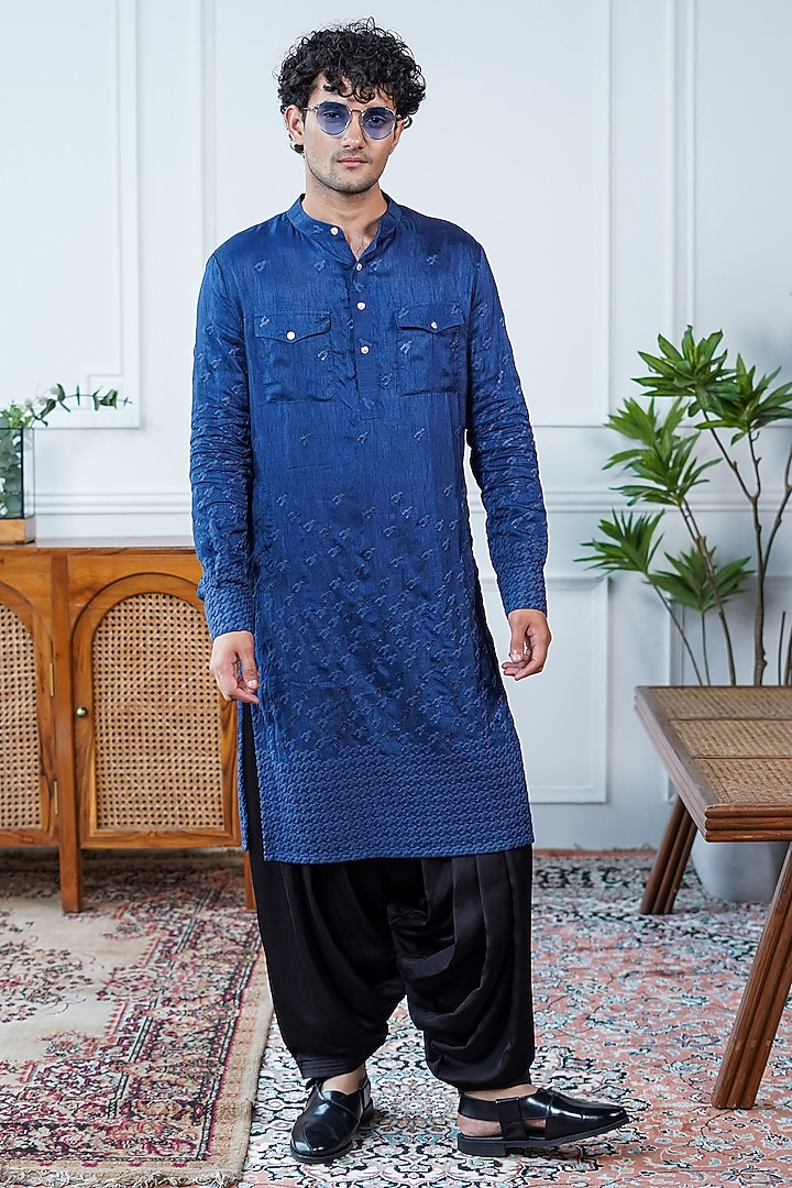Blue Silk Embroidered Pathani Kurta by Philocaly at Pernia's Pop Up Shop