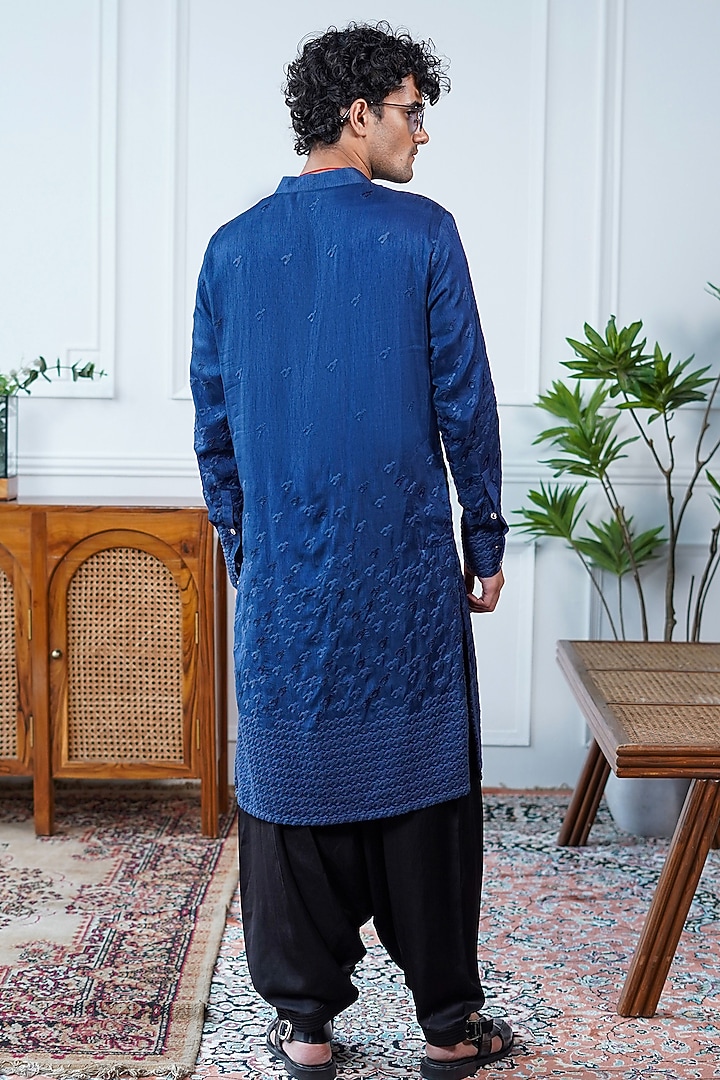 Blue Silk Embroidered Pathani Kurta by Philocaly at Pernia's Pop Up Shop
