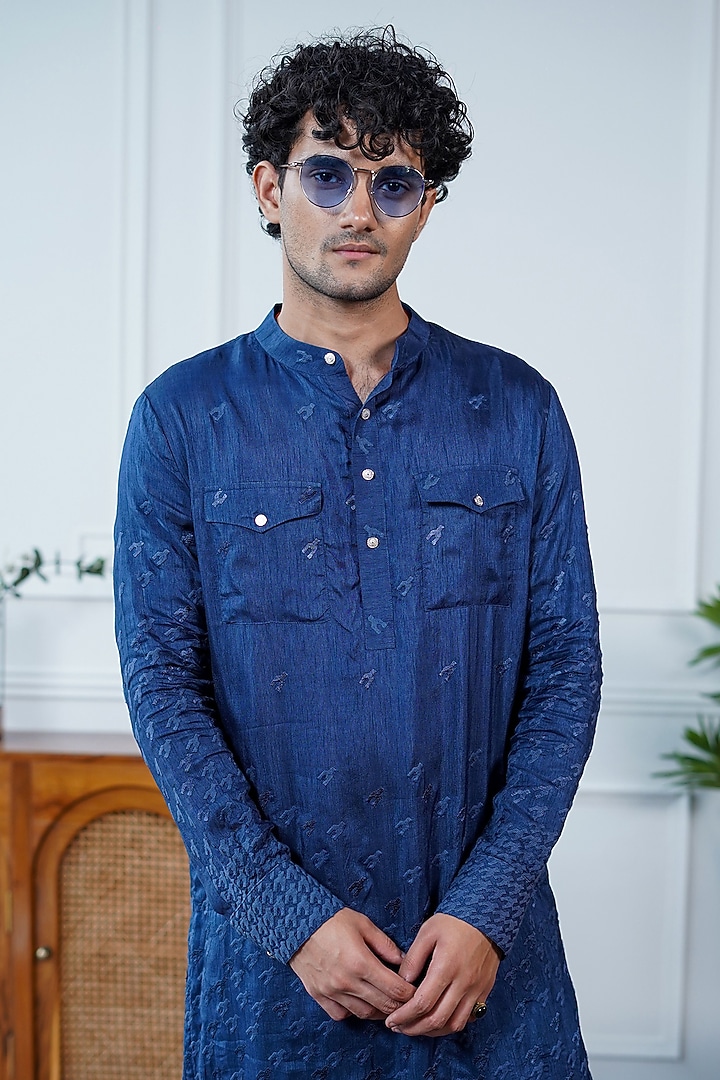 Blue Silk Embroidered Pathani Kurta by Philocaly at Pernia's Pop Up Shop