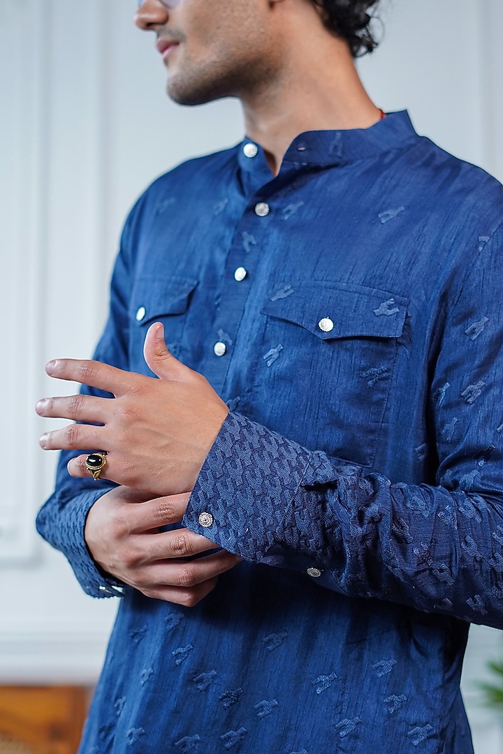 Blue Silk Embroidered Pathani Kurta by Philocaly at Pernia's Pop Up Shop