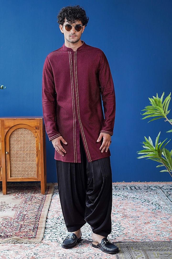 Maroon Silk Chawal-Taka Embroidered Kurta by Philocaly