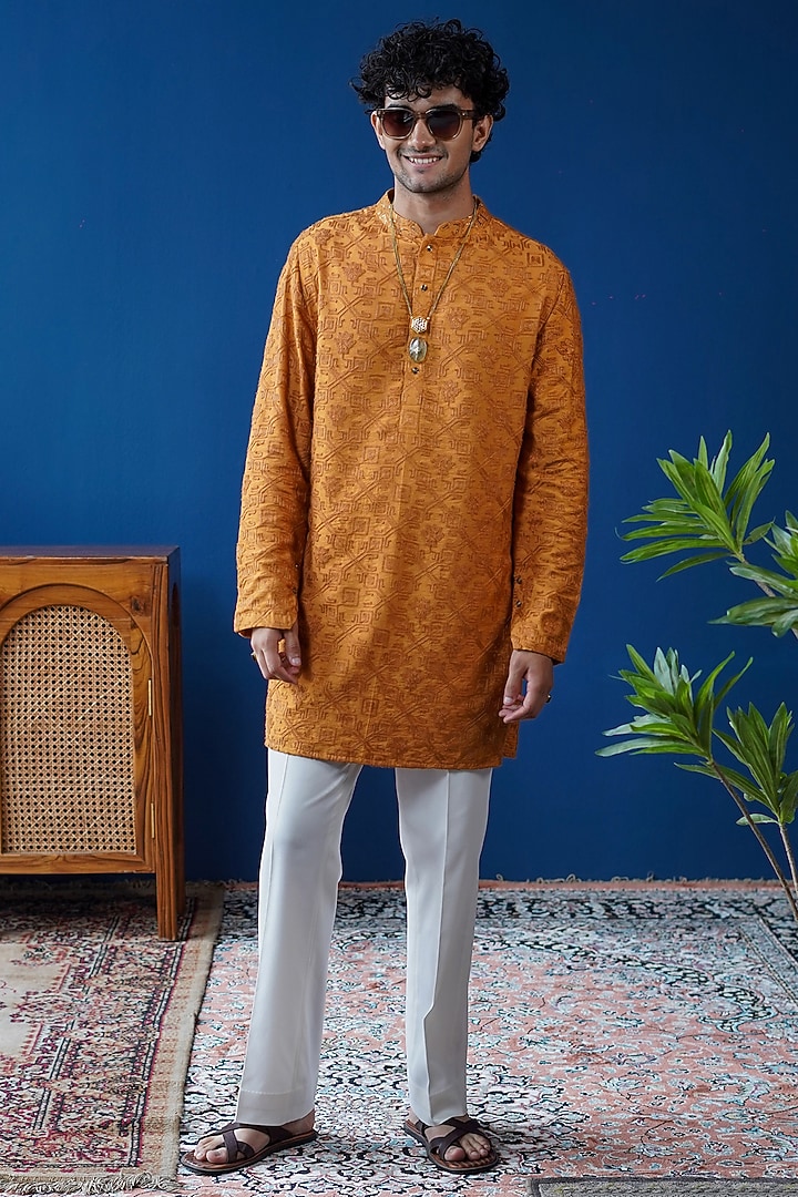 Mustard Ochre Silk Embroidered Kurta by Philocaly