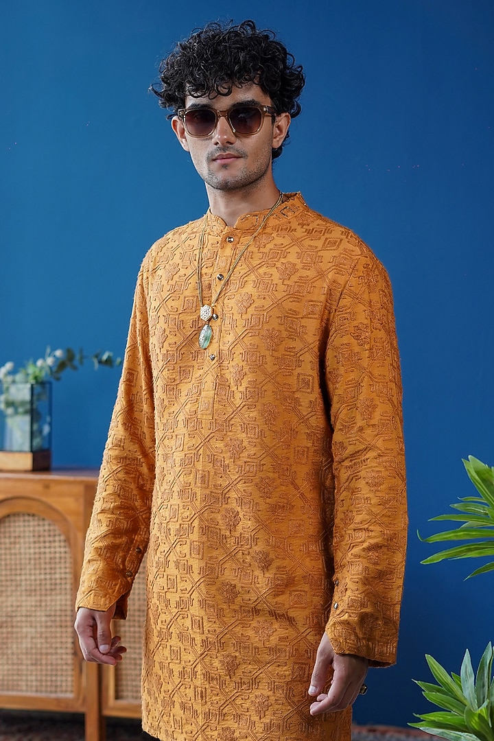 Mustard Ochre Silk Embroidered Kurta by Philocaly at Pernia's Pop Up Shop