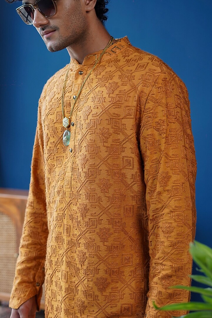 Mustard Ochre Silk Embroidered Kurta by Philocaly at Pernia's Pop Up Shop