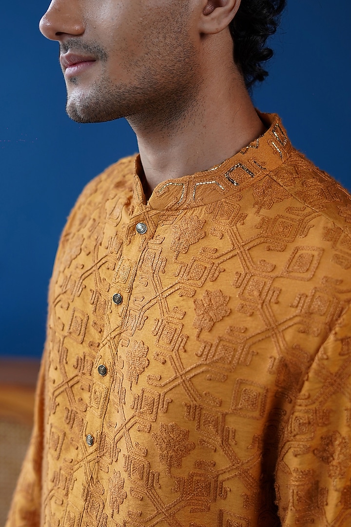 Mustard Ochre Silk Embroidered Kurta by Philocaly at Pernia's Pop Up Shop