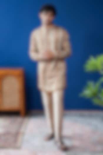 Tan Brown Linen Satin Printed Kurta by Philocaly