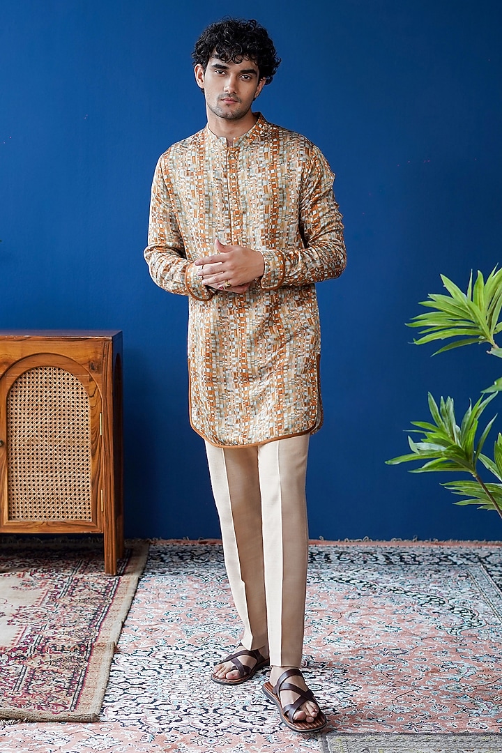 Tan Brown Linen Satin Printed Kurta by Philocaly