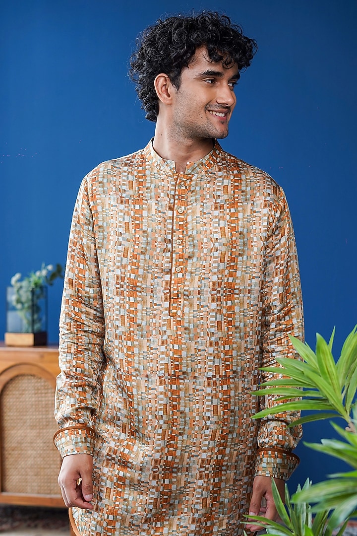 Tan Brown Linen Satin Printed Kurta by Philocaly at Pernia's Pop Up Shop