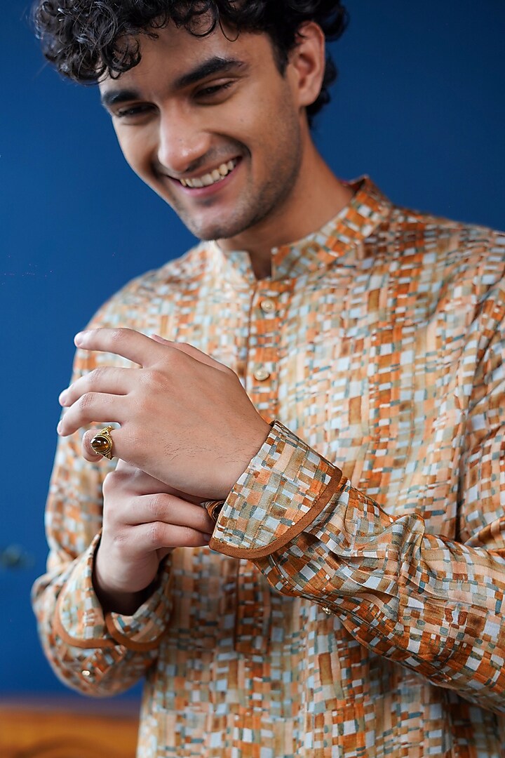 Tan Brown Linen Satin Printed Kurta by Philocaly at Pernia's Pop Up Shop