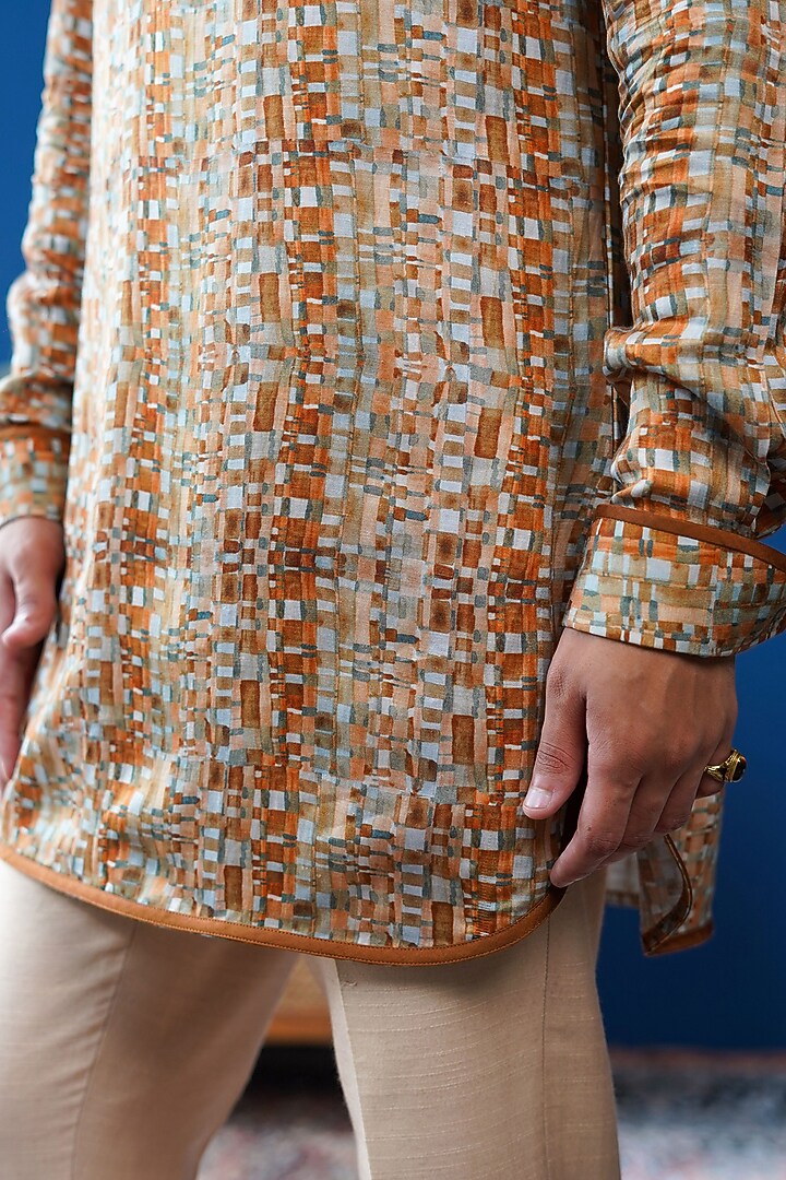 Tan Brown Linen Satin Printed Kurta by Philocaly at Pernia's Pop Up Shop