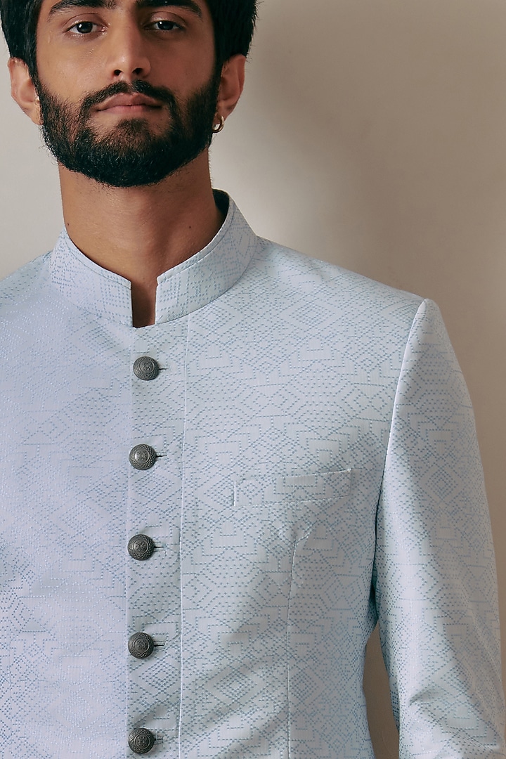 Powder Blue Poly Viscose Wool Bandhgala  by Philocaly at Pernia's Pop Up Shop