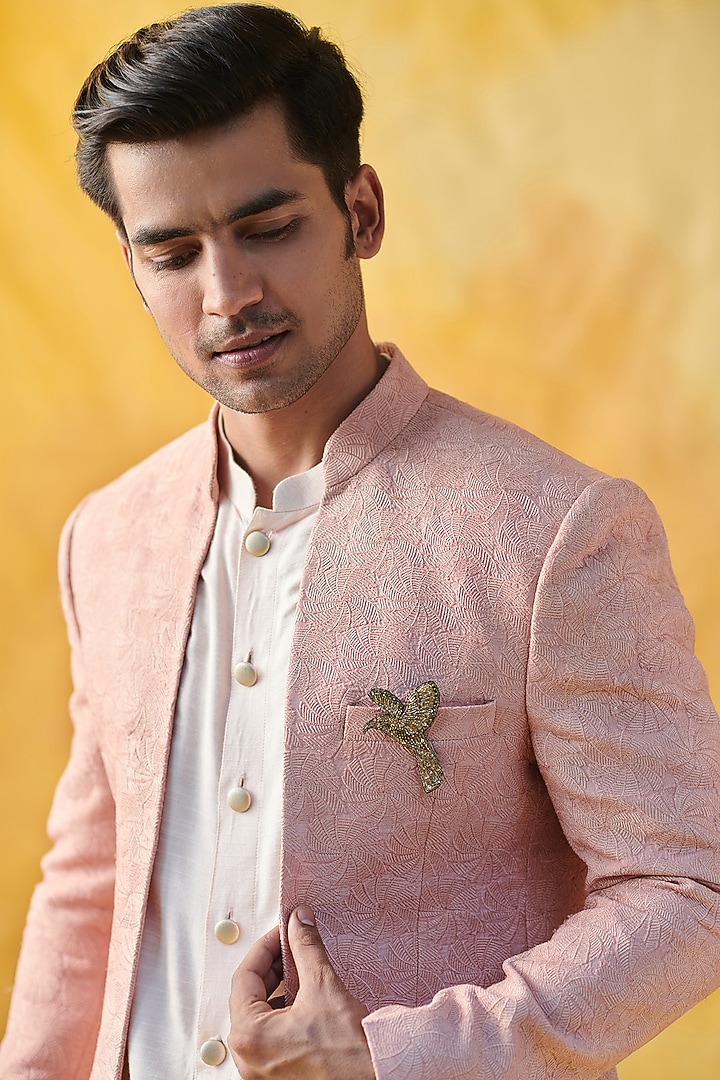Powder Peach Pure Silk Indo-Western Jacket Set by Philocaly at Pernia's Pop Up Shop