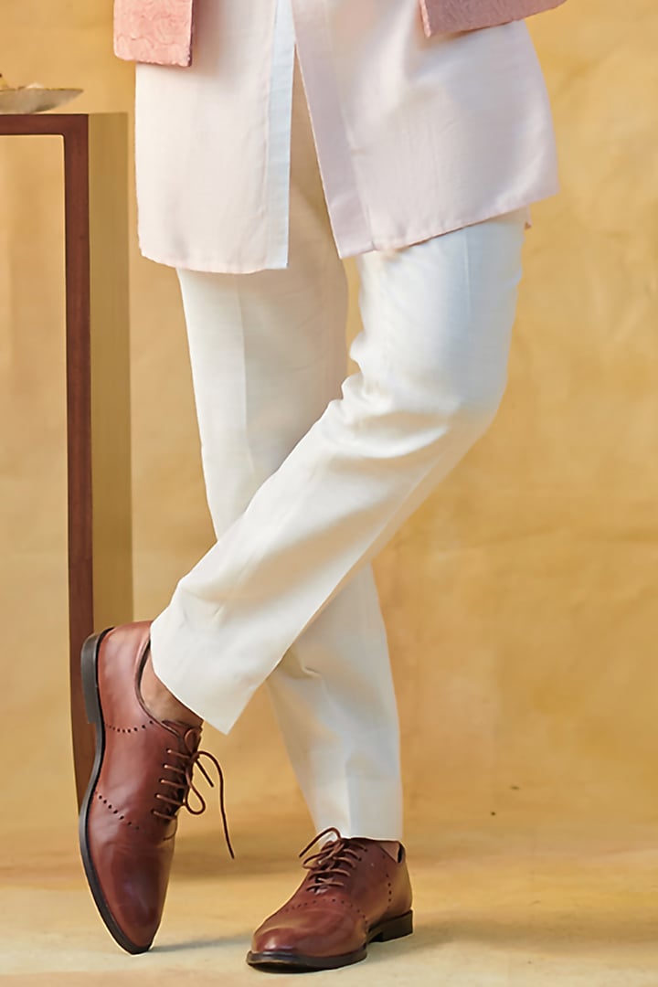 Powder Peach Pure Silk Indo-Western Jacket Set by Philocaly at Pernia's Pop Up Shop