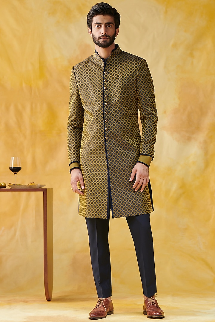 Blue & Olive Green Wool Achkan Jacket by Philocaly