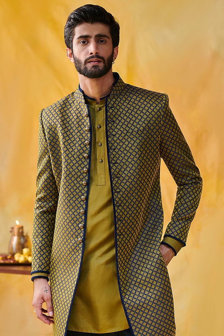 Blue & Olive Green Wool Achkan Jacket Set by Philocaly at Pernia's Pop Up Shop