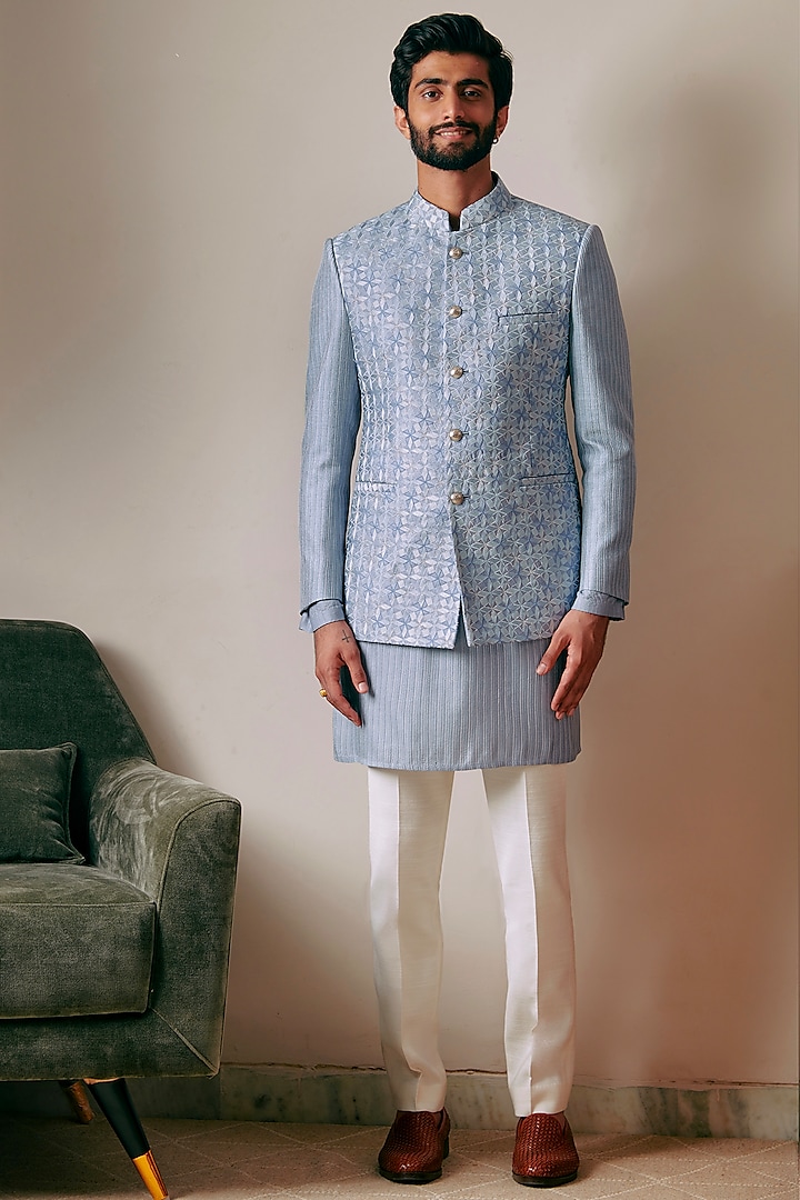 Frost Blue Embroidered Bandhgala by Philocaly