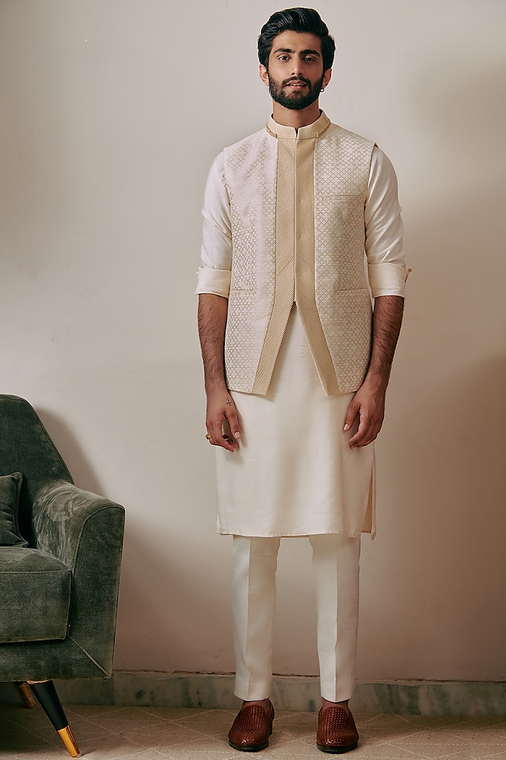 Pearl White Brocade Bundi Jacket by Philocaly