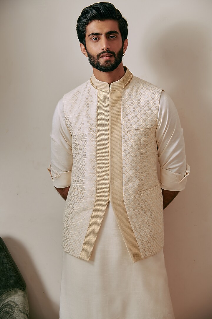 Pearl White Brocade Bundi Jacket by Philocaly at Pernia's Pop Up Shop