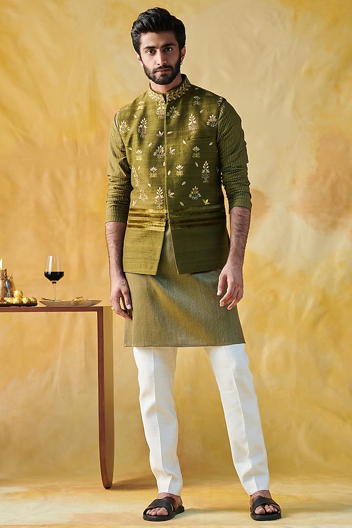 Olive Green Embroidered Bundi Jacket by Philocaly