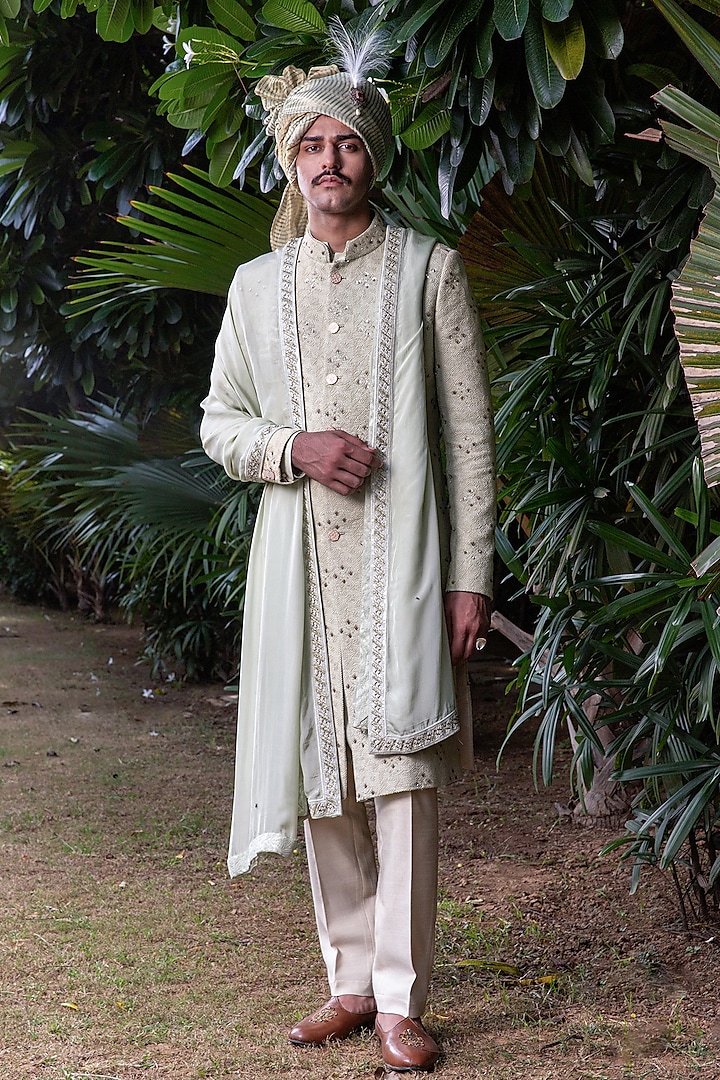 Pastel Green Embroidered Fabric Sherwani Set by Philocaly