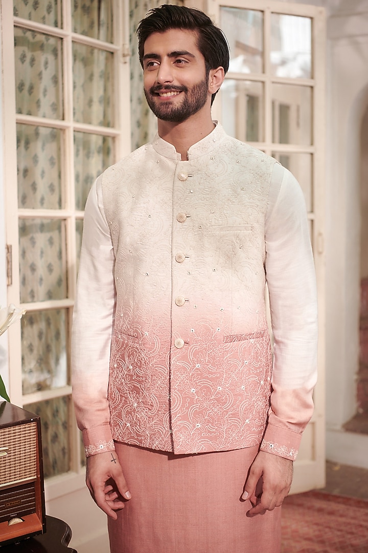 Off-White & Rust Ombre Silk Floral Embroidered Bundi Jacket by Philocaly at Pernia's Pop Up Shop
