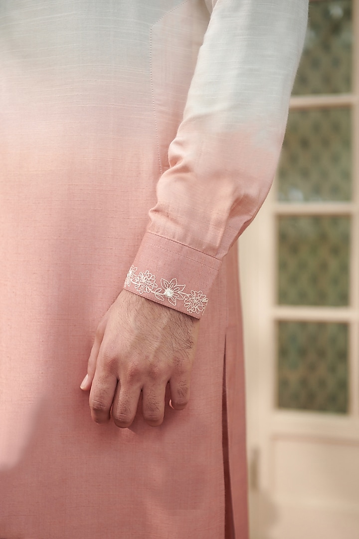 Off-White & Rust Ombre Cotton Silk Embroidered Kurta by Philocaly at Pernia's Pop Up Shop