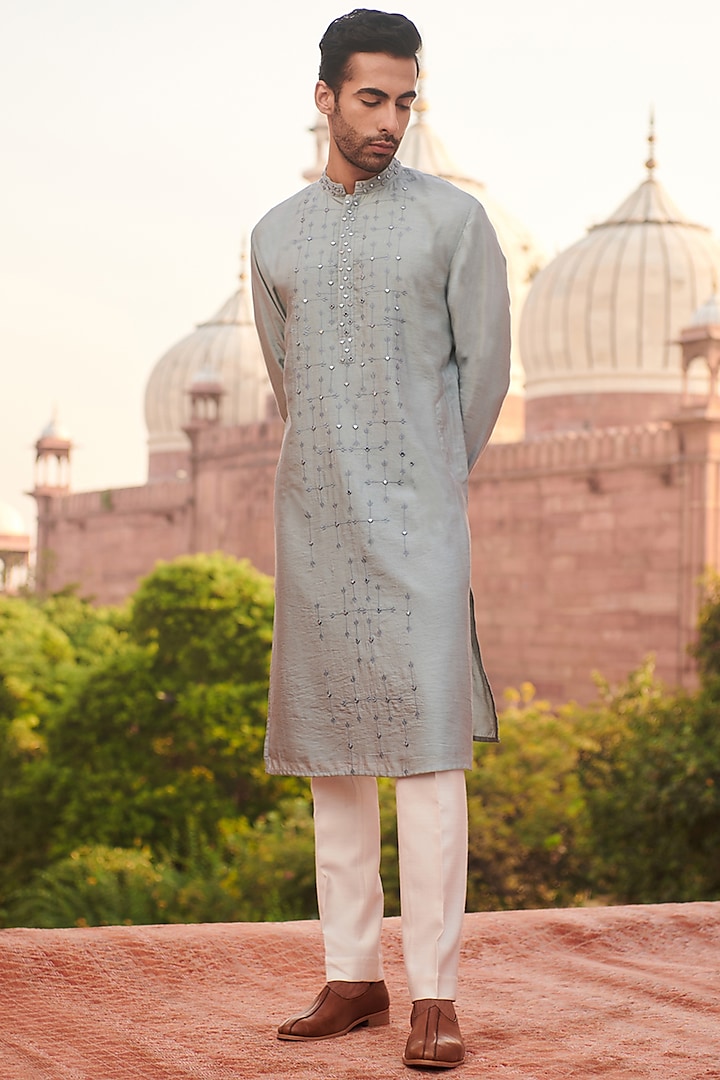 Dusty Blue Cotton Silk Mirror Work Kurta by Philocaly at Pernia's Pop Up Shop