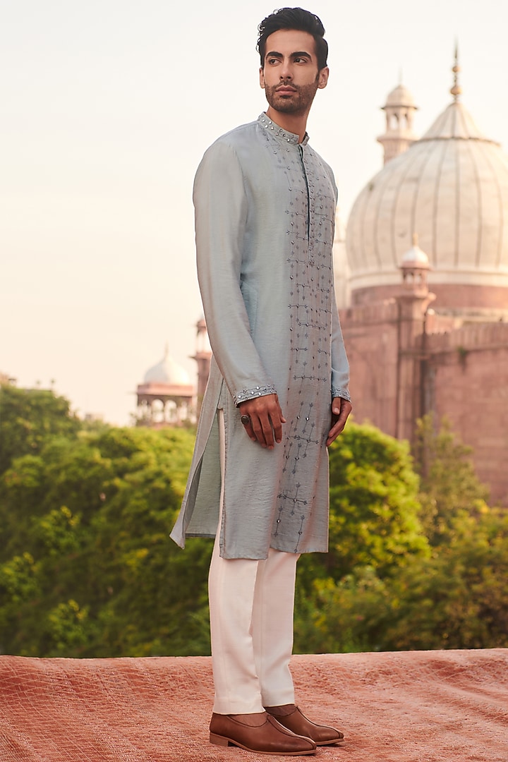 Dusty Blue Cotton Silk Mirror Work Kurta by Philocaly at Pernia's Pop Up Shop