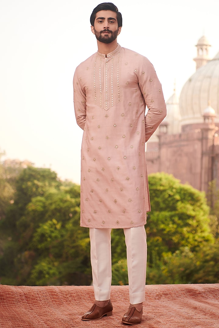 Dusty Pink Cotton Silk Embroidered Kurta by Philocaly