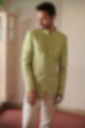 Lime Green Raw Silk Embroidered Bandhgala by Philocaly