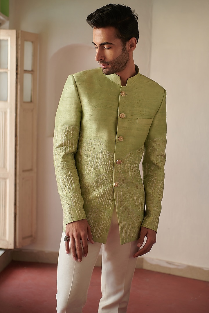 Lime Green Raw Silk Embroidered Bandhgala by Philocaly