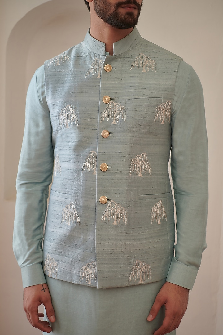 Powder Blue Raw Silk Embroidered Bundi Jacket by Philocaly at Pernia's Pop Up Shop