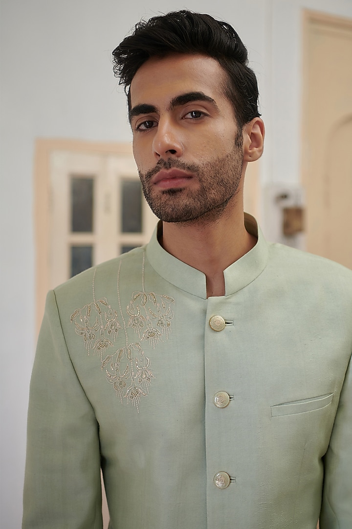 Powder Green Cotton Silk Embroidered Bandhgala Jacket by Philocaly at Pernia's Pop Up Shop