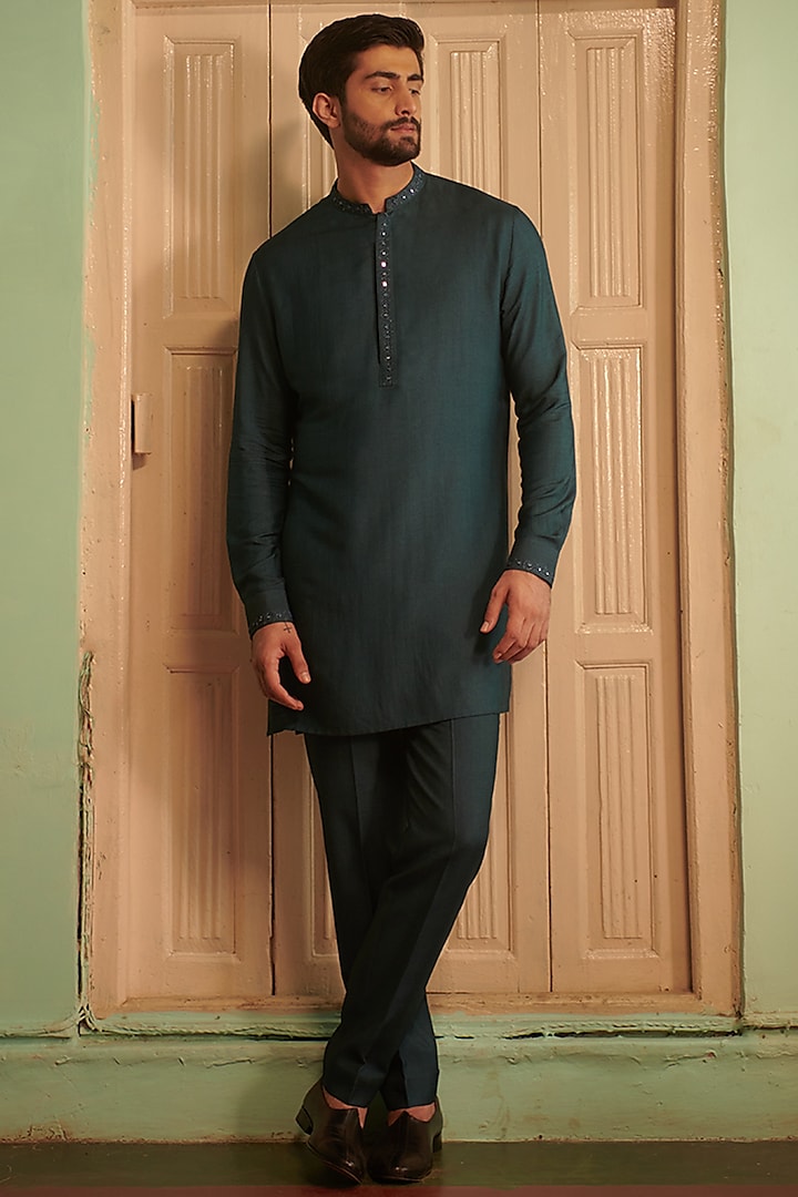Green Cotton Silk Kurta by Philocaly at Pernia's Pop Up Shop