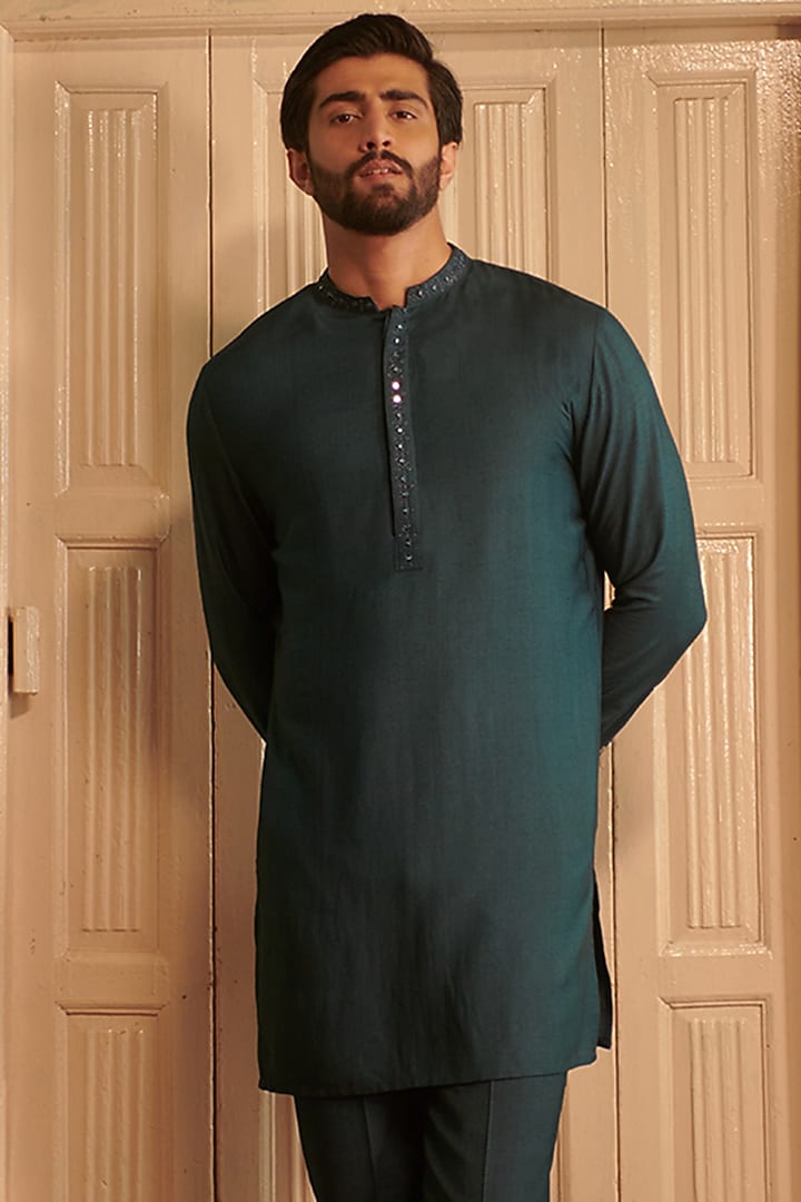 Green Cotton Silk Kurta by Philocaly at Pernia's Pop Up Shop