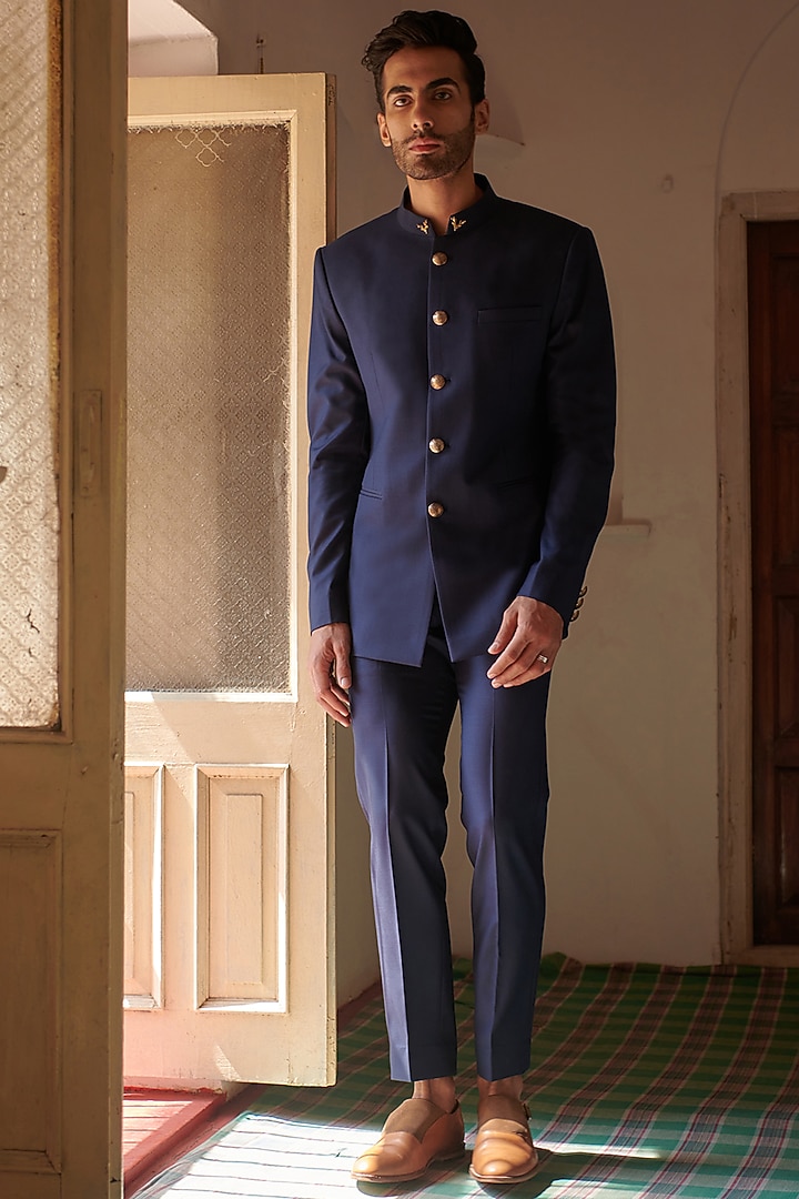 Navy Blue Wool Wedding Bandhgala Set by Philocaly at Pernia's Pop Up Shop