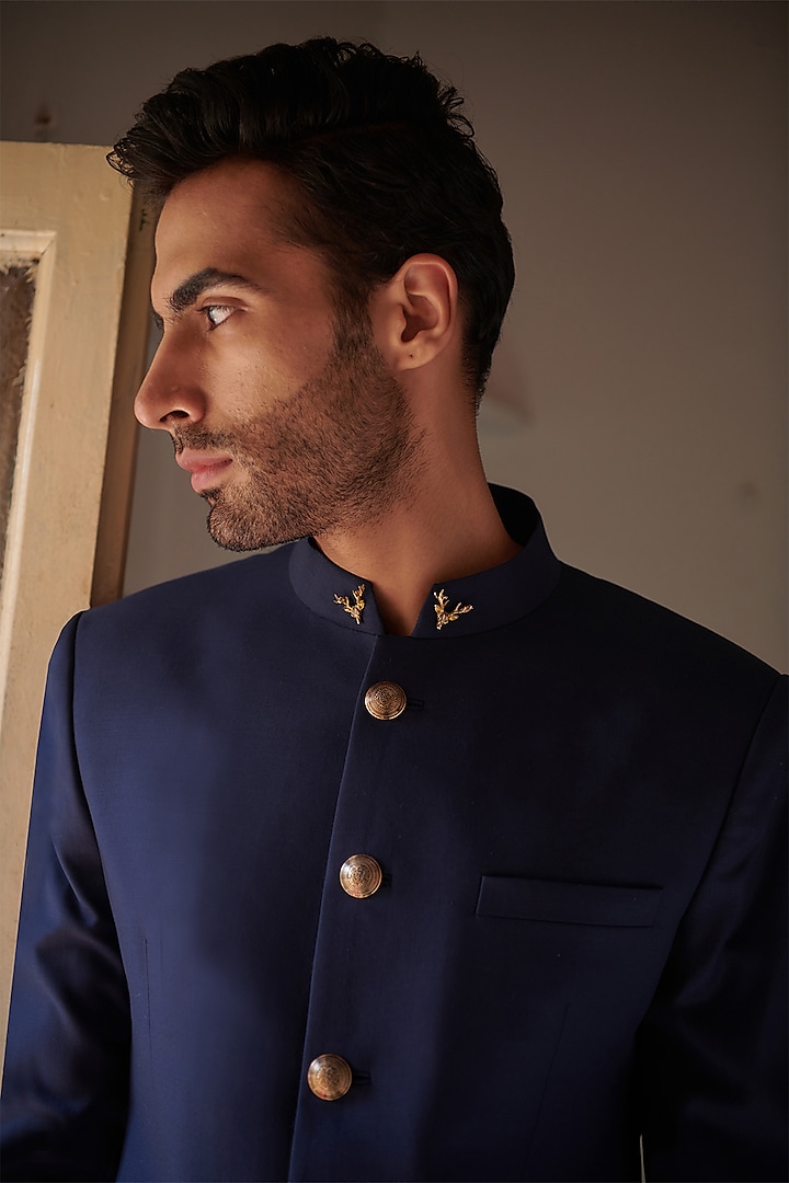 Navy Blue Wool Wedding Bandhgala Set by Philocaly at Pernia's Pop Up Shop