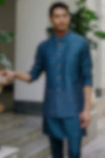 Teal Blue Raw Silk Embroidered Bundi Jacket by Philocaly at Pernia's Pop Up Shop