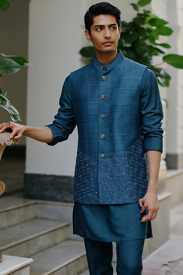 Teal Blue Raw Silk Embroidered Bundi Jacket by Philocaly at Pernia's Pop Up Shop